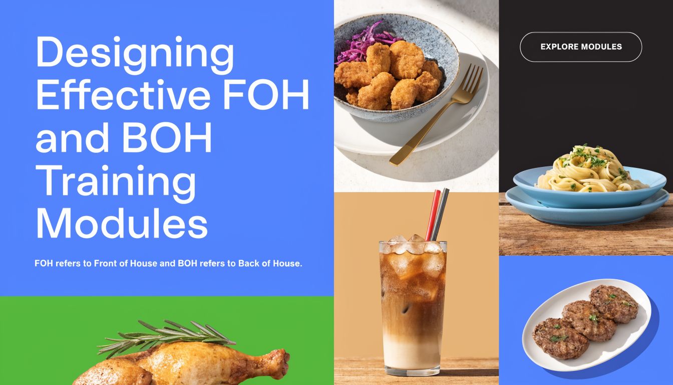 A graphic design titled Designing Effective FOH and BOH Training Modules, featuring images of food and drinks.