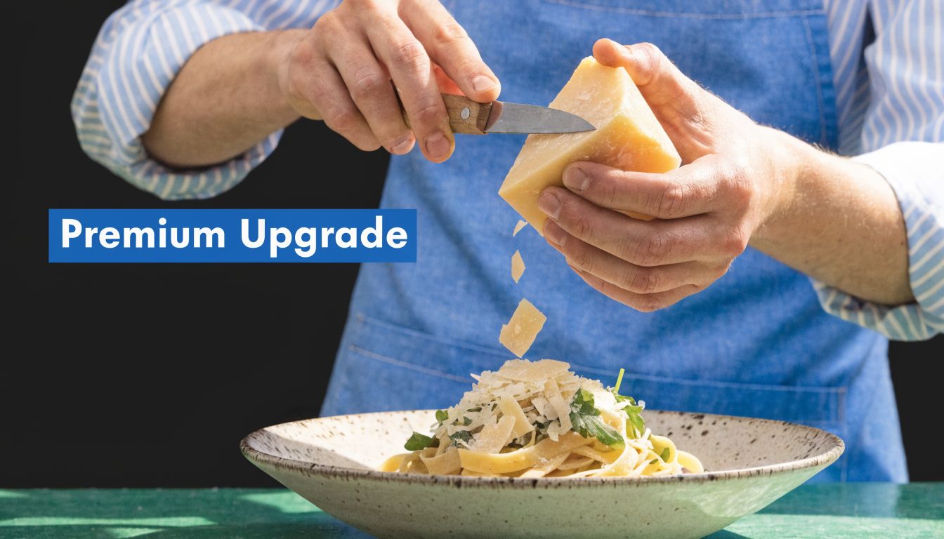A chef in a blue apron shaving fresh parmesan cheese over a plate of delicious pasta.