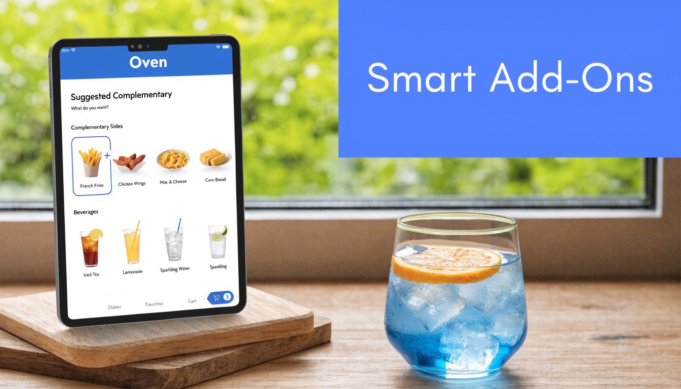 A tablet on a wooden board displays a menu app for adding food and beverage sides.