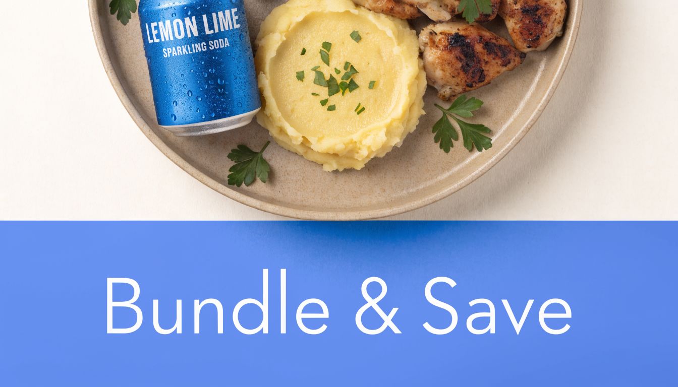 A plate featuring grilled chicken and mashed potatoes served with a refreshing lemon lime soda can.