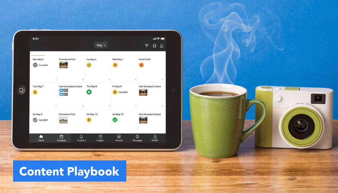 A tablet displaying a social media content calendar next to a steaming mug and a small digital camera.