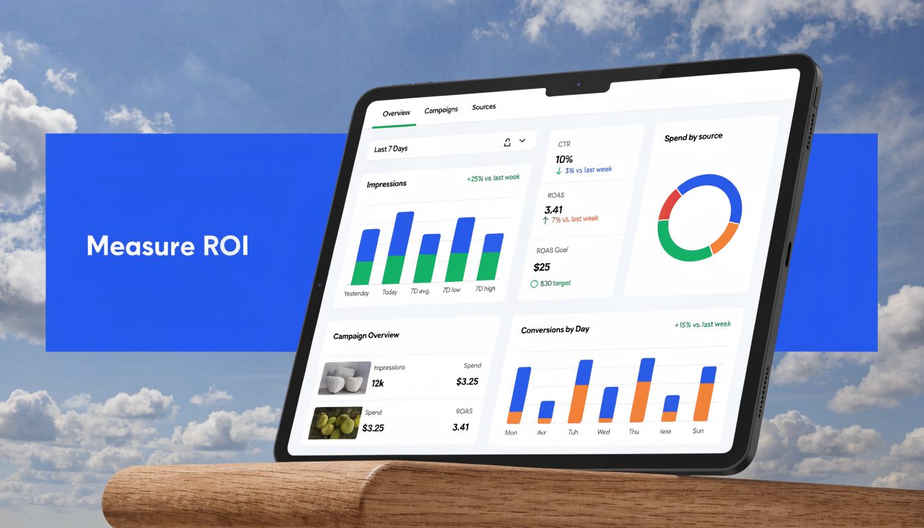 A digital tablet displaying a marketing ROI dashboard against a bright blue cloudy sky background.