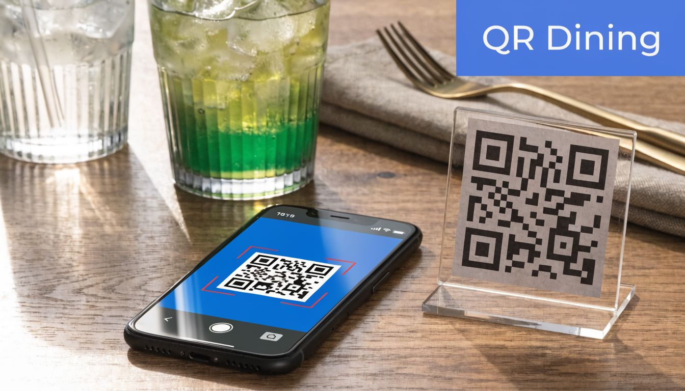 A smartphone scanning a QR code on a table stand for digital restaurant ordering and dining services.