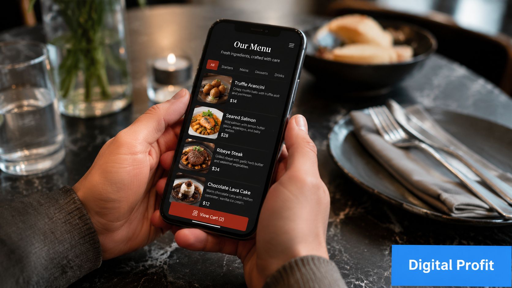 A person holding a smartphone displaying a digital restaurant menu at a table set for dinner.