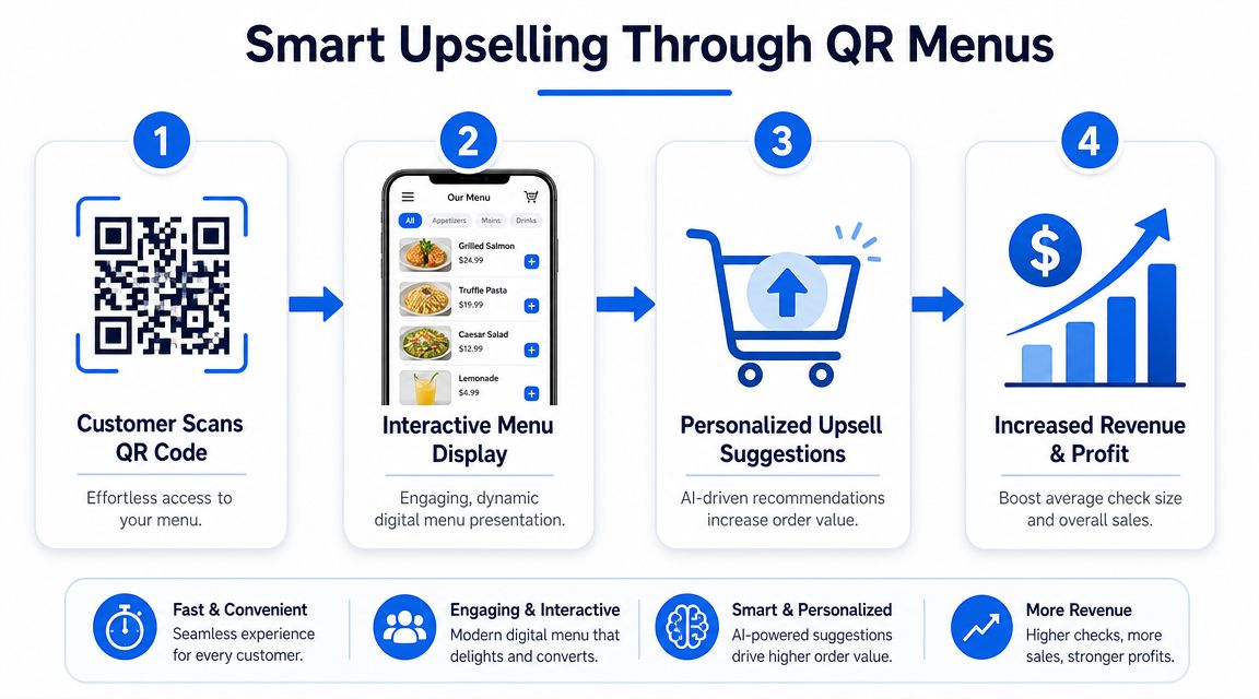A four-step infographic illustrating how restaurant QR menus drive upselling, personalized recommendations, and increased revenue.