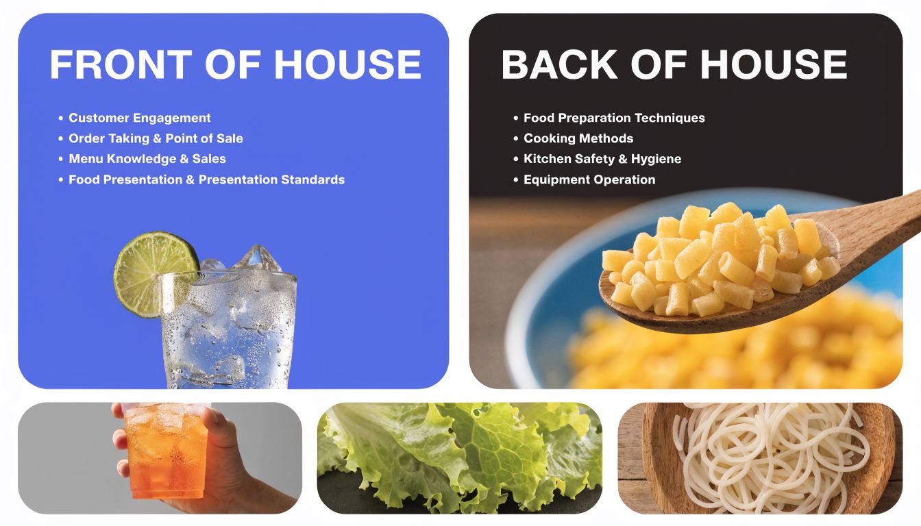 A graphic showing Front of House and Back of House training categories with restaurant ingredient images.