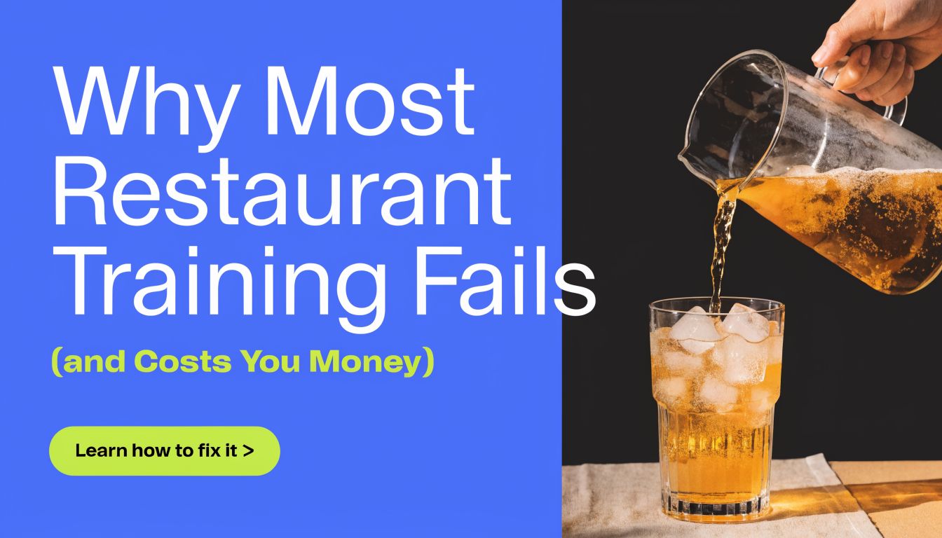 A hand pouring an iced drink from a glass pitcher into a glass on a table.