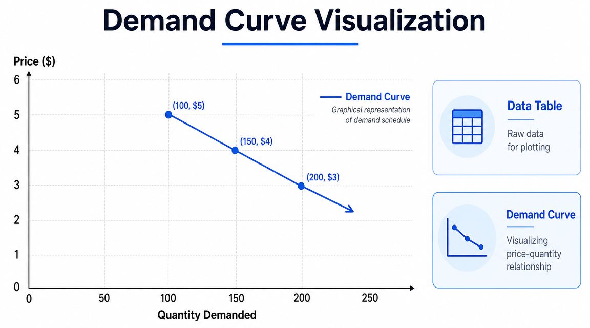 A line graph showing the relationship between price and quantity demanded in an economic demand curve.