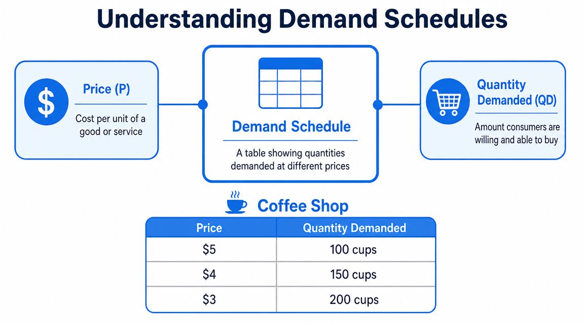 An infographic explaining demand schedules with a table showing coffee shop prices and quantities demanded.