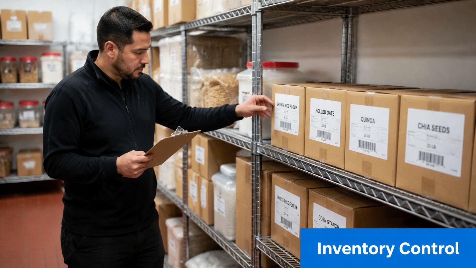 An assistant restaurant manager checking inventory levels while holding a clipboard in a well-organized storage room.