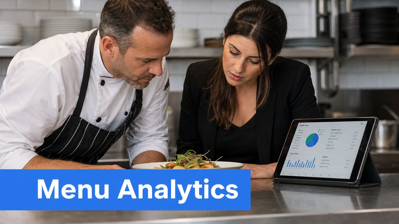 A professional chef and restaurant manager reviewing menu analytics and food presentation together in a commercial kitchen.