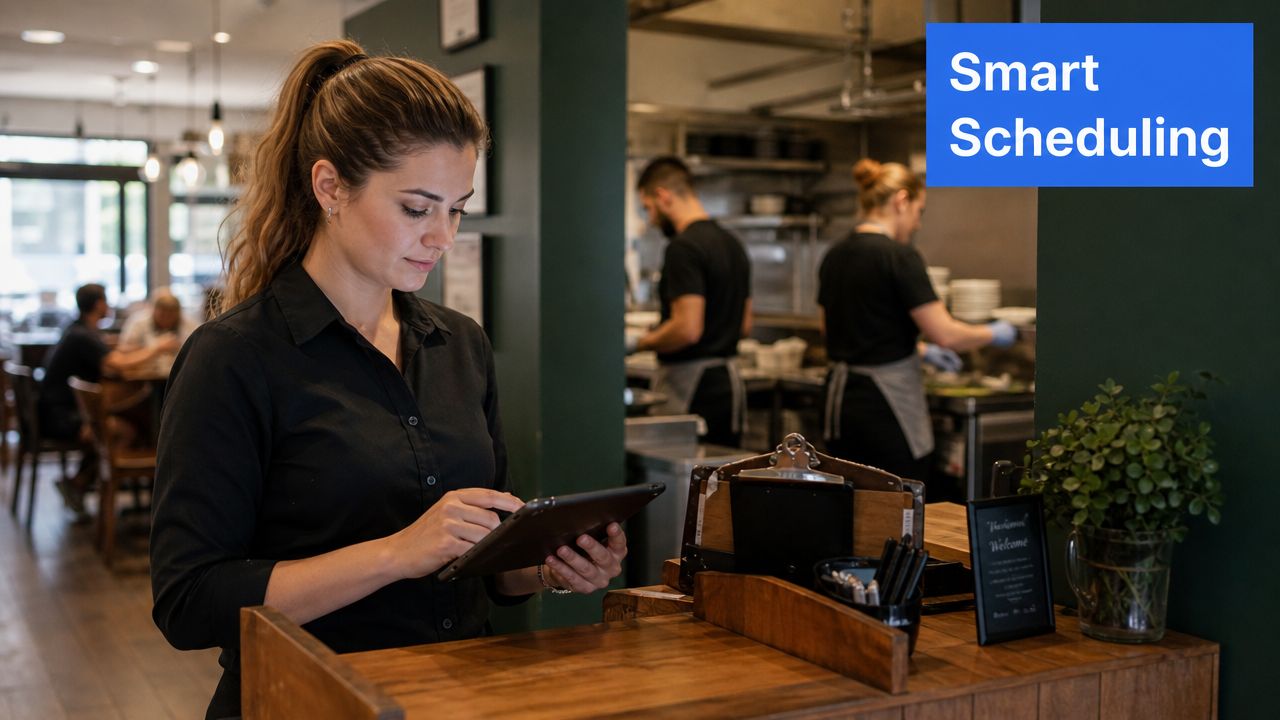 An assistant restaurant manager checks digital tablet schedules in a restaurant while staff works in background