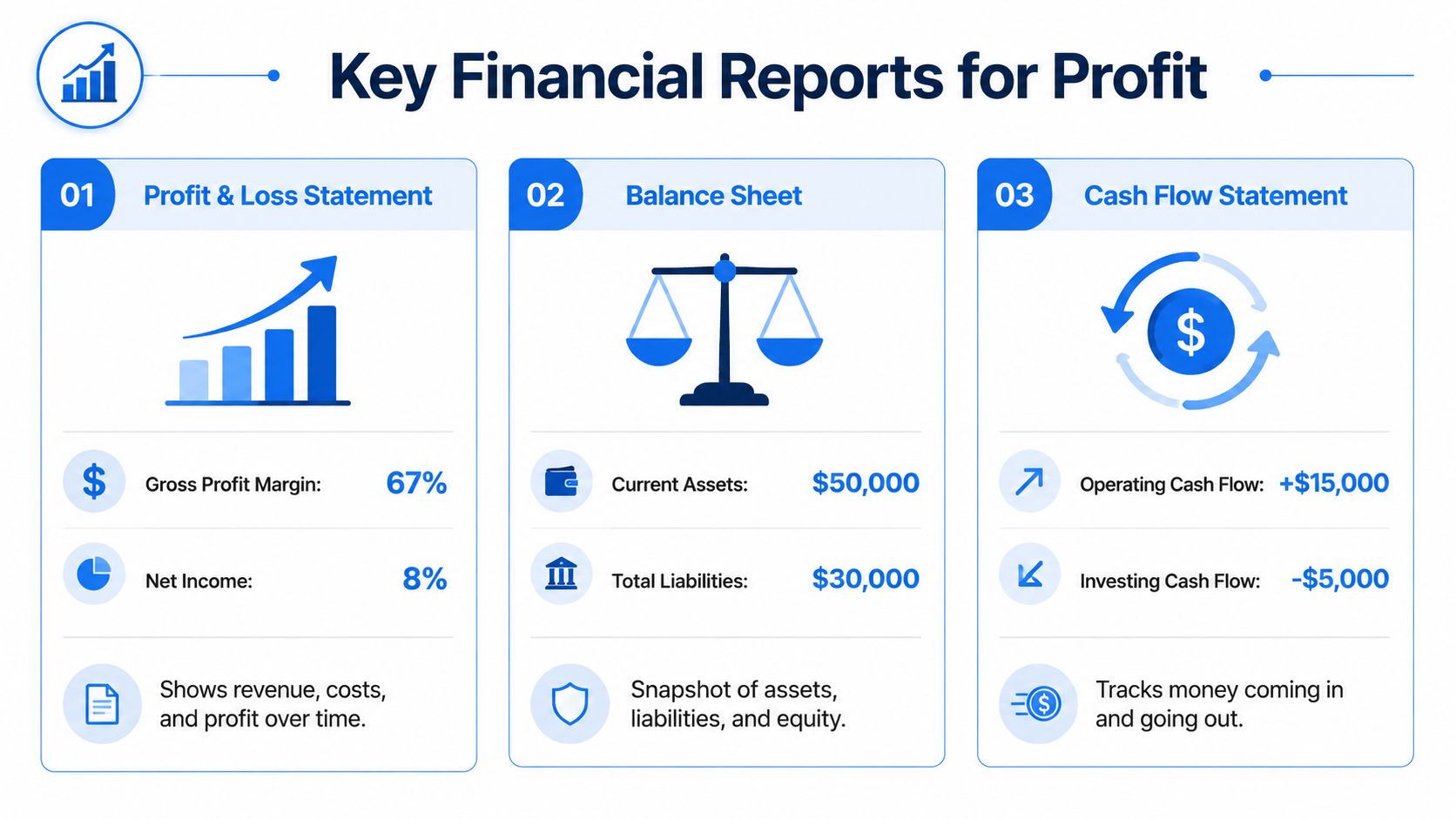 An infographic titled Key Financial Reports for Profit showing the P&L statement, balance sheet, and cash flow statement.