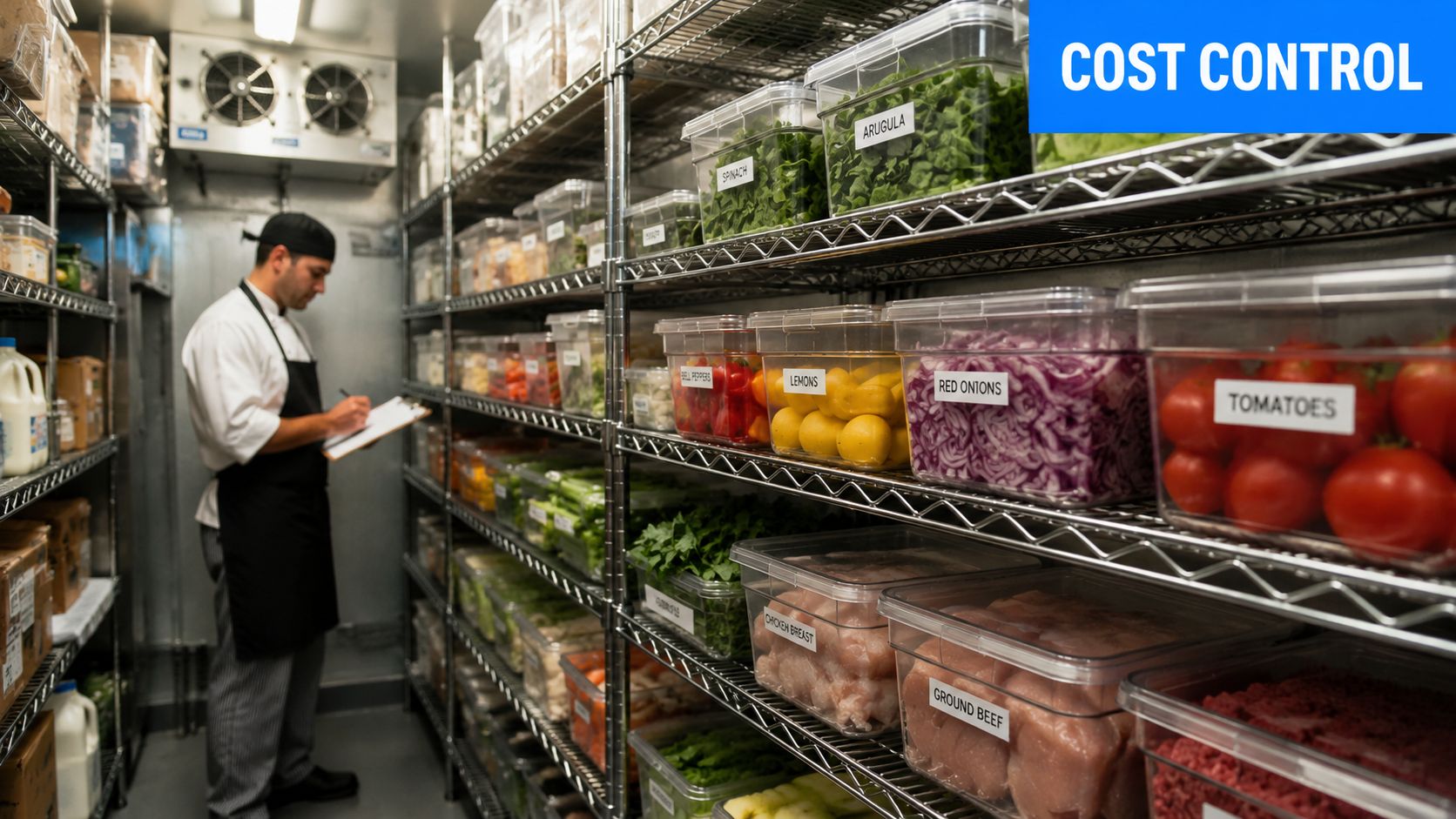 A professional chef in a walk-in cooler inventorying fresh ingredients for restaurant bookkeeping and stock control purposes.