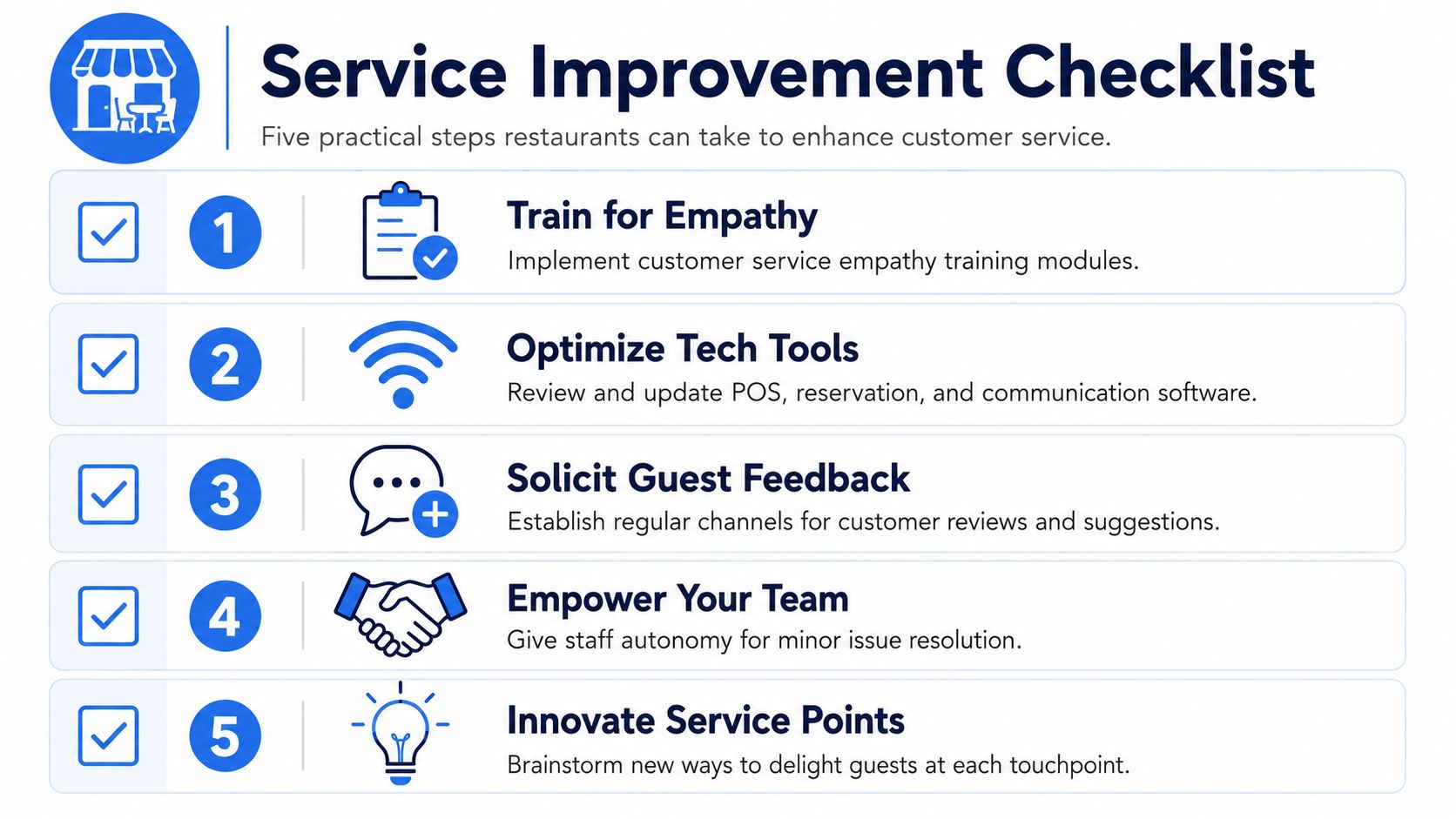 A service improvement checklist infographic featuring five actionable steps for restaurants to enhance their customer service.