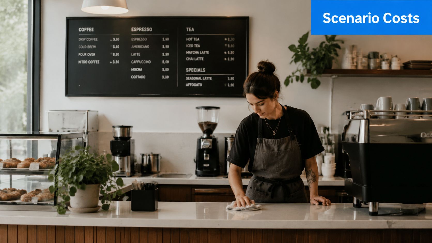 A barista cleaning a cafe counter in front of a digital menu board listing coffee prices.