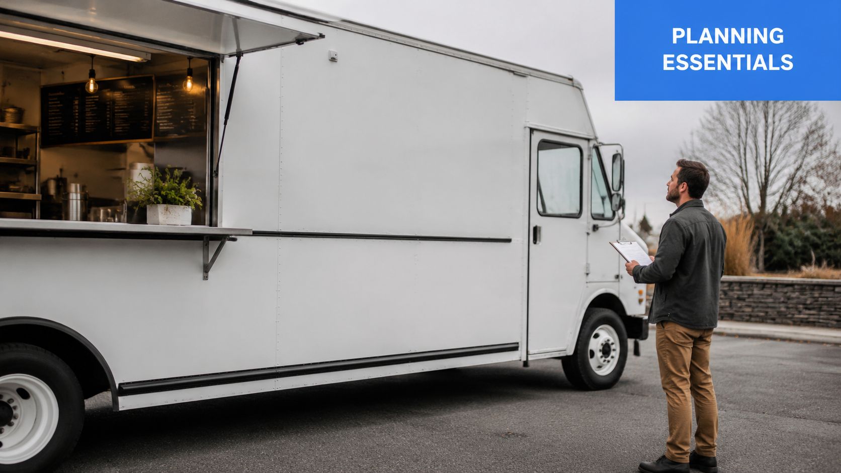 A man holding a clipboard looking at a white food truck with a digital menu display.