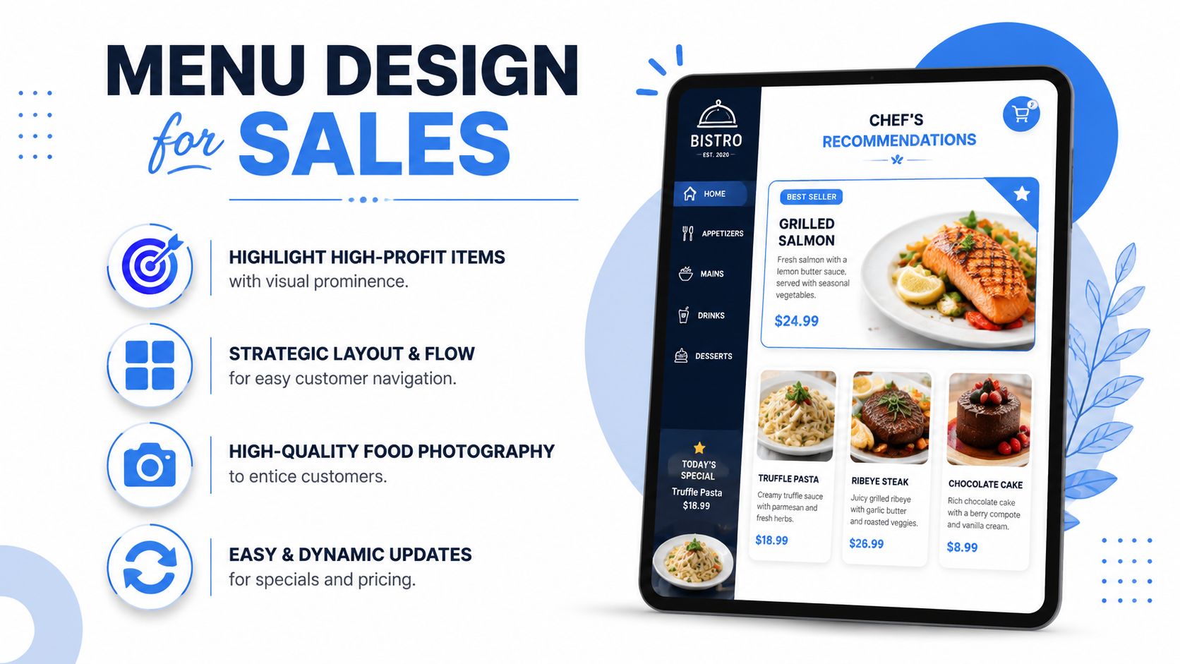 A digital tablet displaying a restaurant menu design with images of recommended dishes and navigation options.
