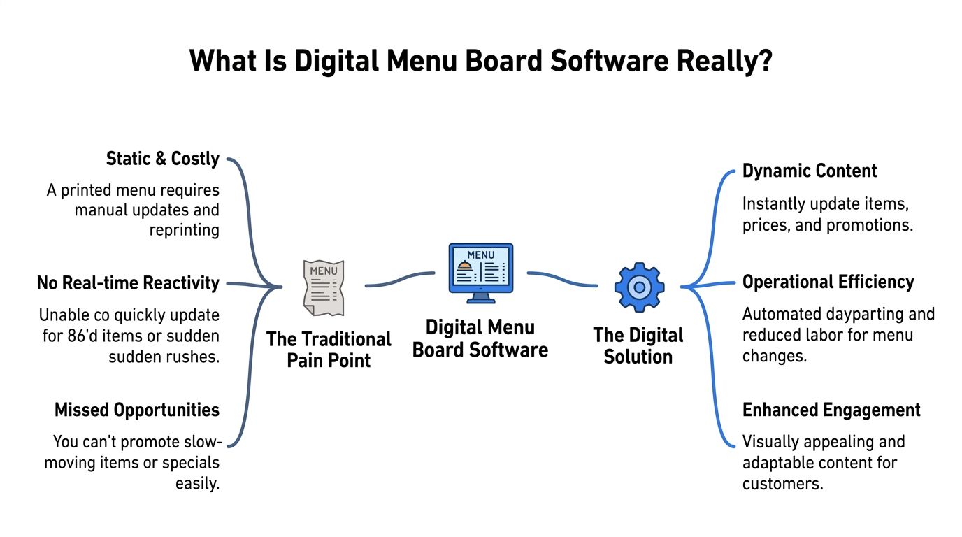A diagram comparing traditional printed menus with the benefits of digital menu board software solutions.