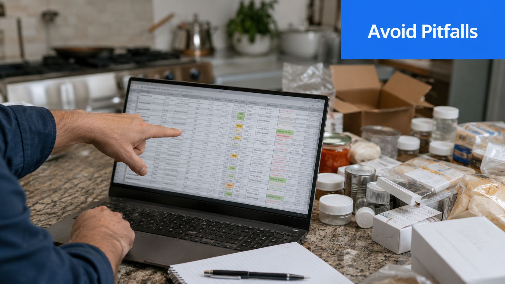 A person using food inventory software on a laptop while reviewing supplies in a kitchen.