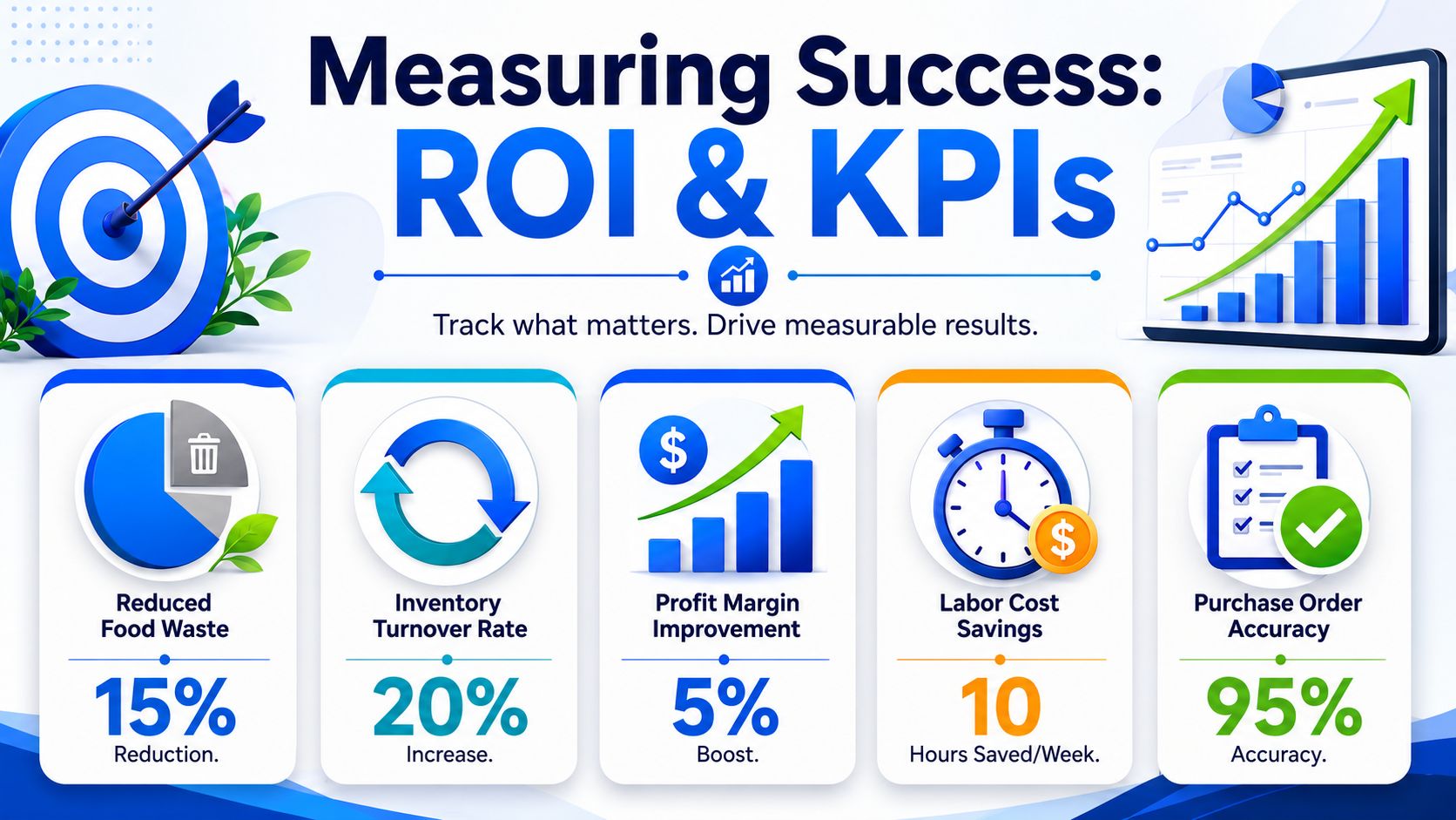 An infographic displaying five key performance indicators for business success including waste reduction and inventory management metrics.