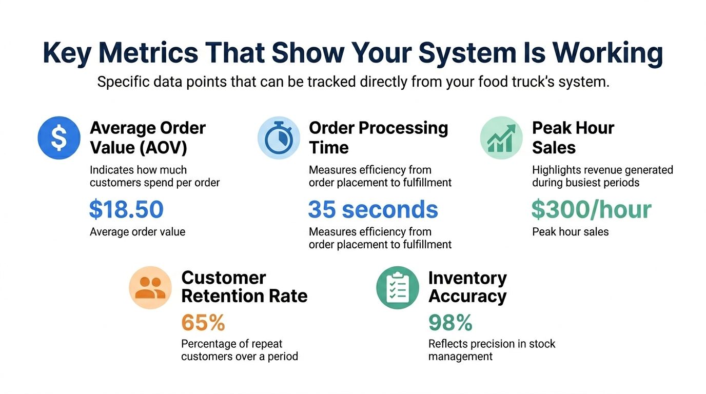 An infographic showing five key performance metrics for tracking a successful food truck business operation.