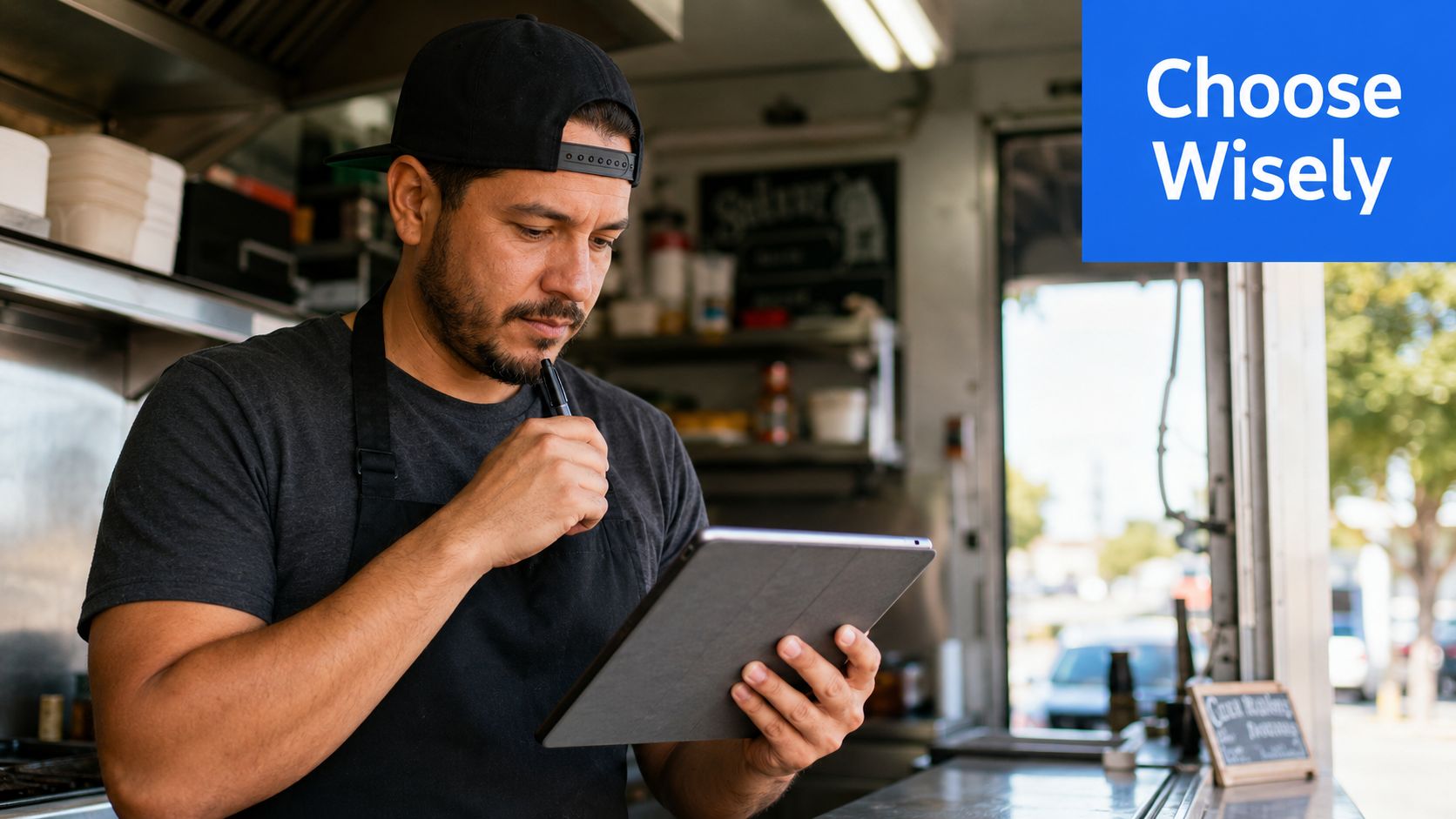 A food truck owner holding a digital tablet while taking an order in his professional kitchen space.