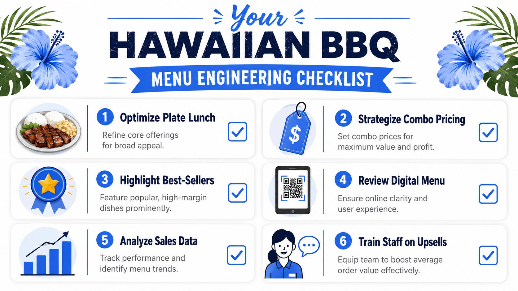 A checklist for Hawaiian BBQ menu engineering featuring six strategic steps to optimize restaurant operations and sales.