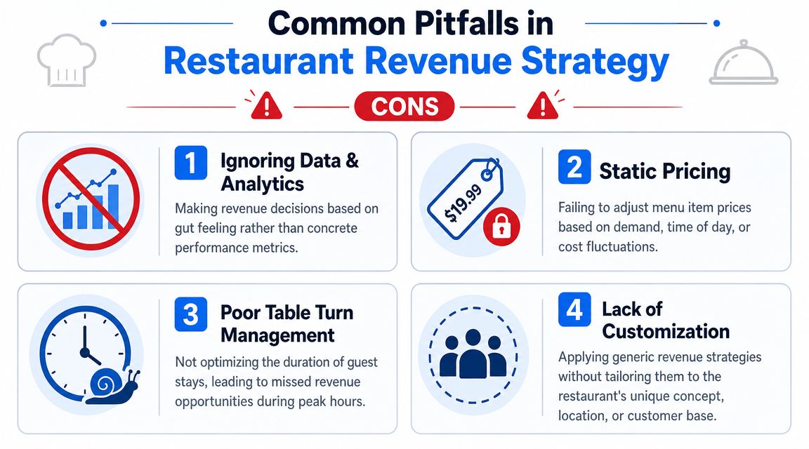 An infographic detailing four common pitfalls in restaurant revenue strategy, including data neglect, static pricing, poor table management, and customization gaps.