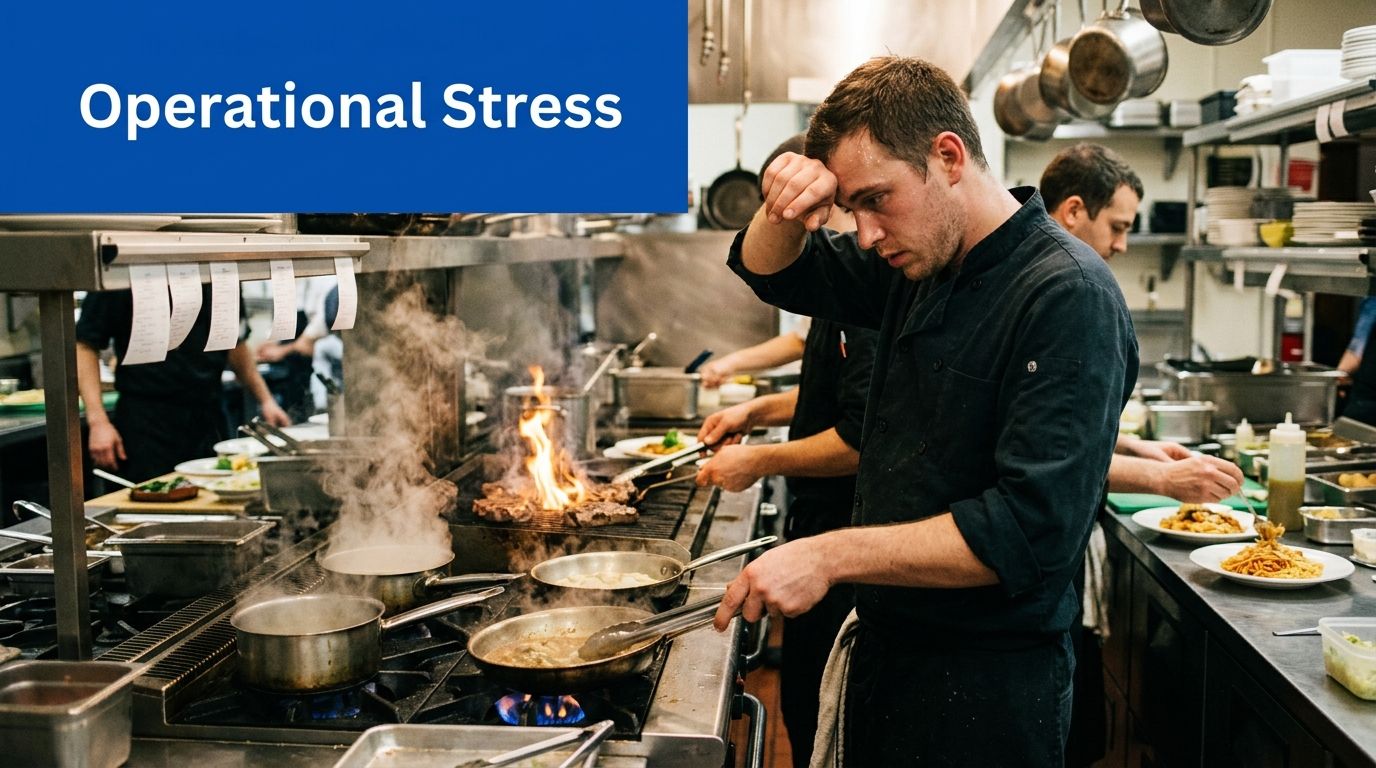 A stressed chef working in a busy, high-pressure restaurant kitchen with flames rising from the grill.