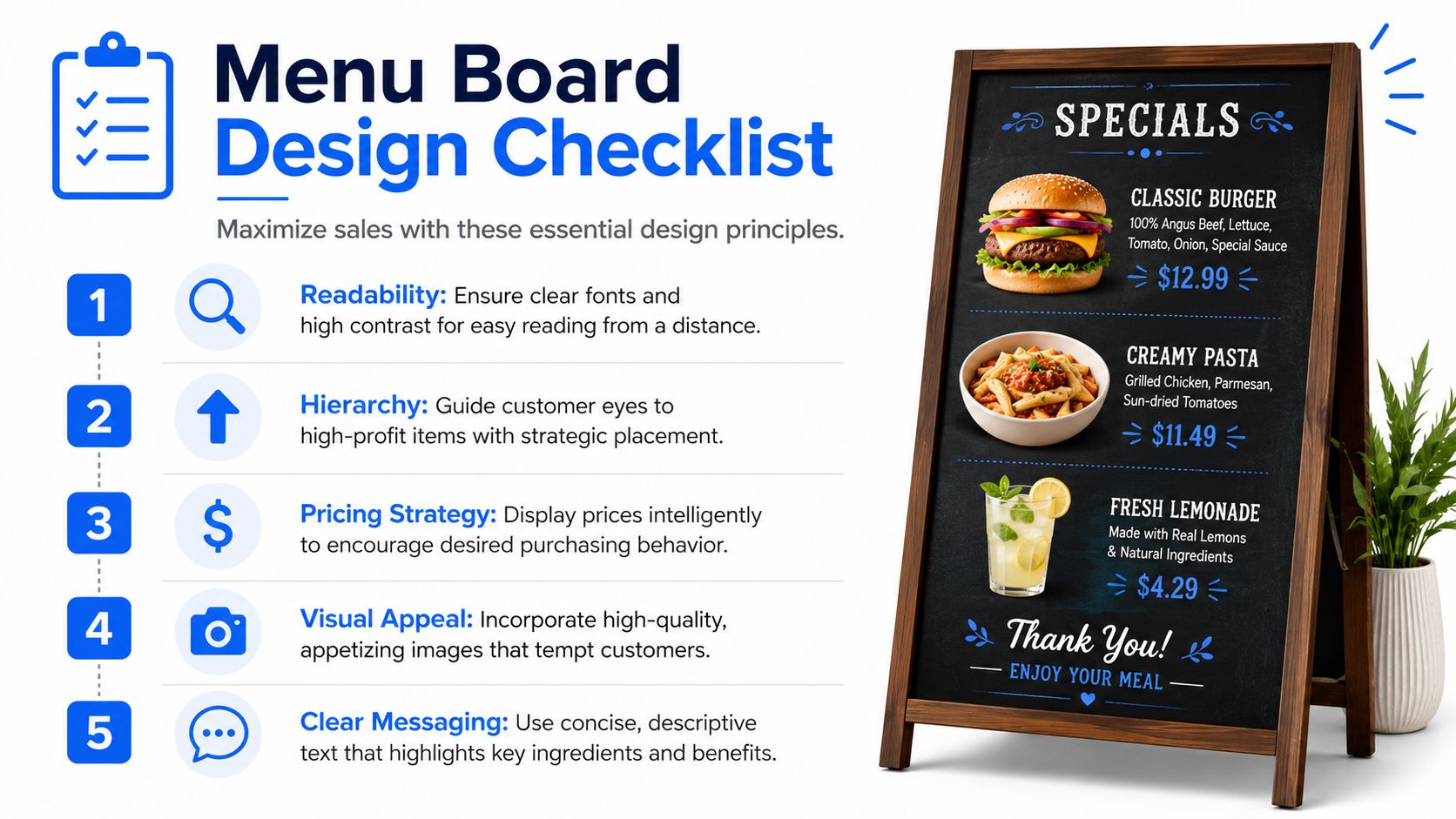 An educational checklist infographic explaining five essential design principles for creating effective restaurant menu boards.