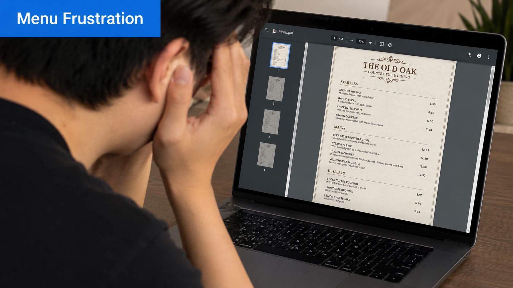 A person looking frustrated at a restaurant menu displayed on a laptop screen while working at home.