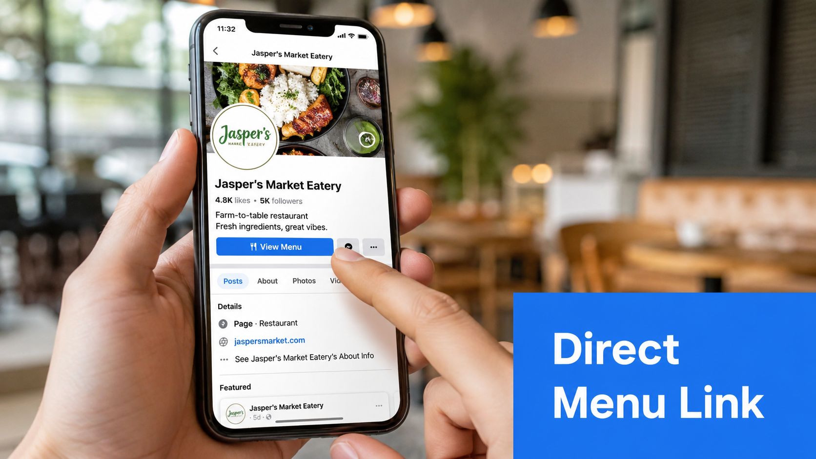 A person holding a smartphone displaying the Jasper's Market Eatery Facebook business page with a menu link.