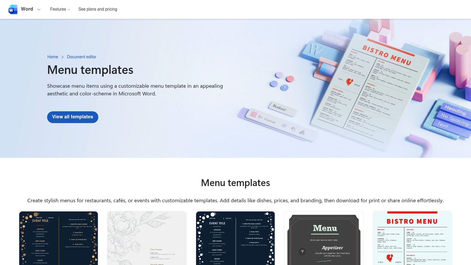 Microsoft Word Online Template Gallery (Word Create flow)