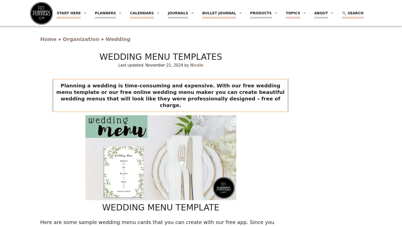 101Planners – Wedding menu templates (Word + online editor) (free)