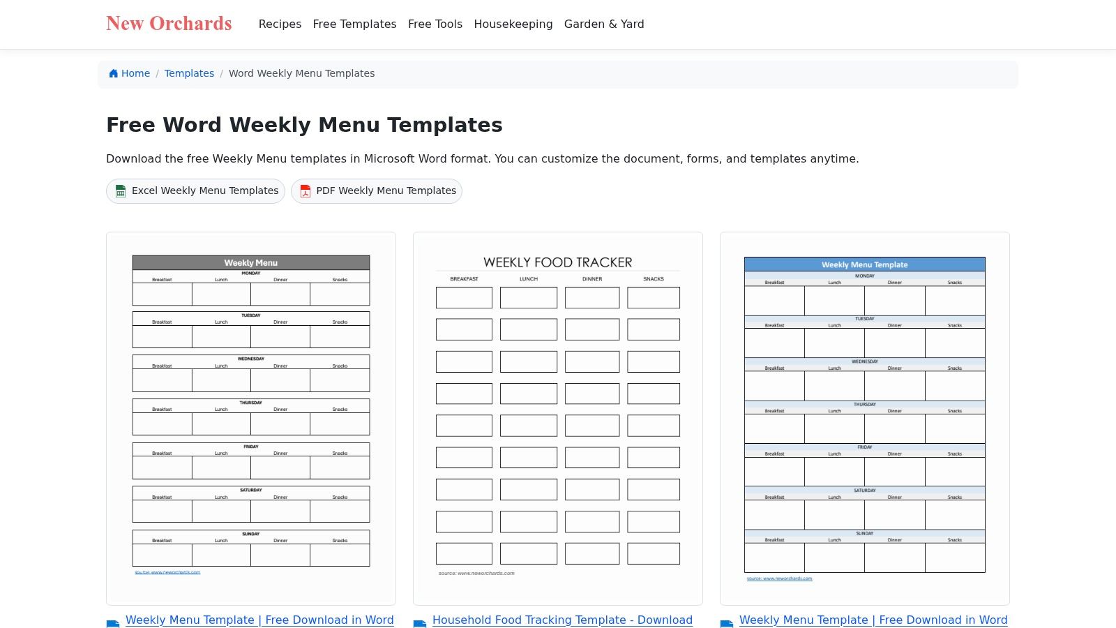 NewOrchards – Free Word weekly menu templates (free)