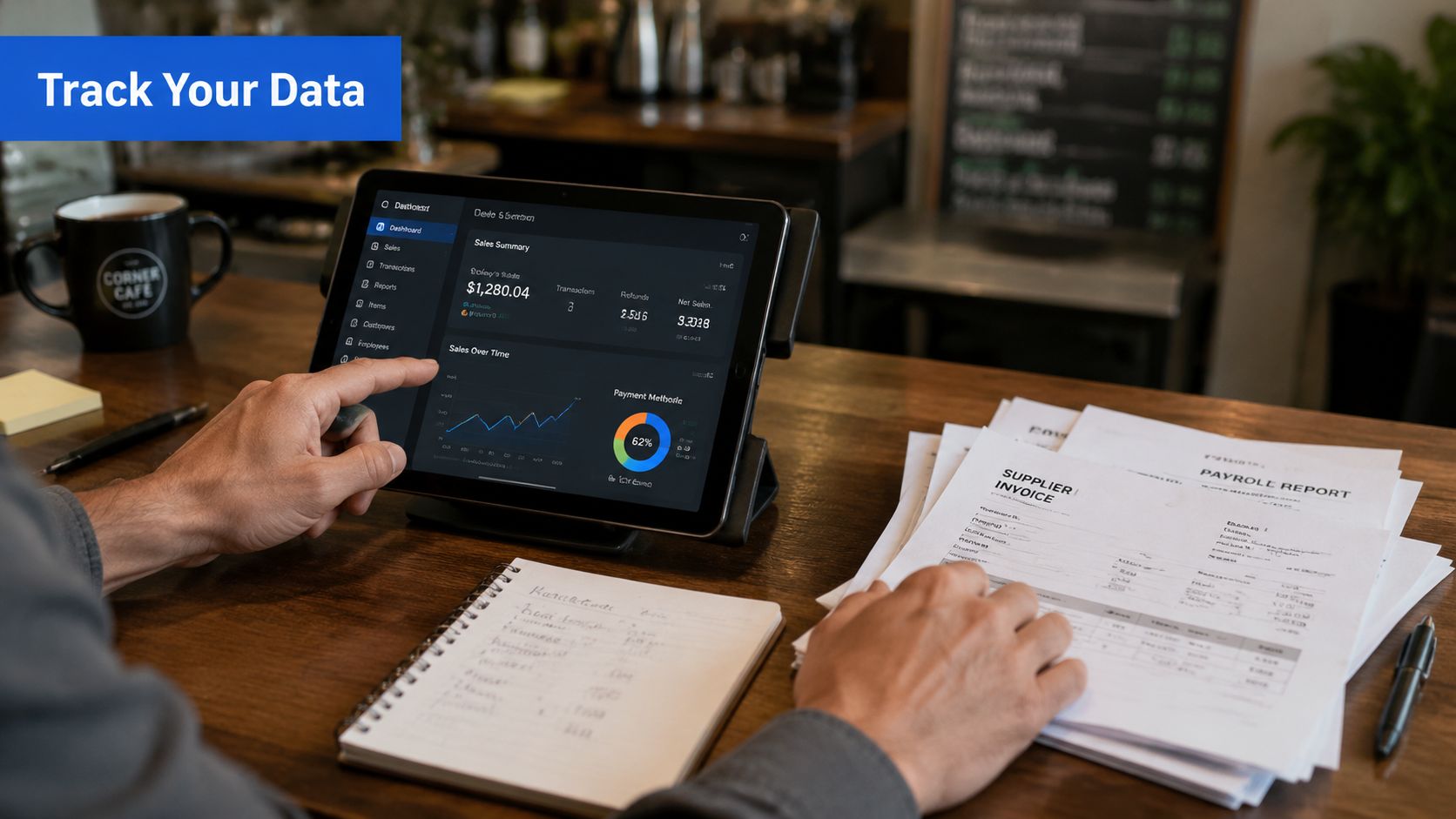 A restaurant owner reviewing financial sales data on a tablet while organizing supplier invoices and payroll reports.