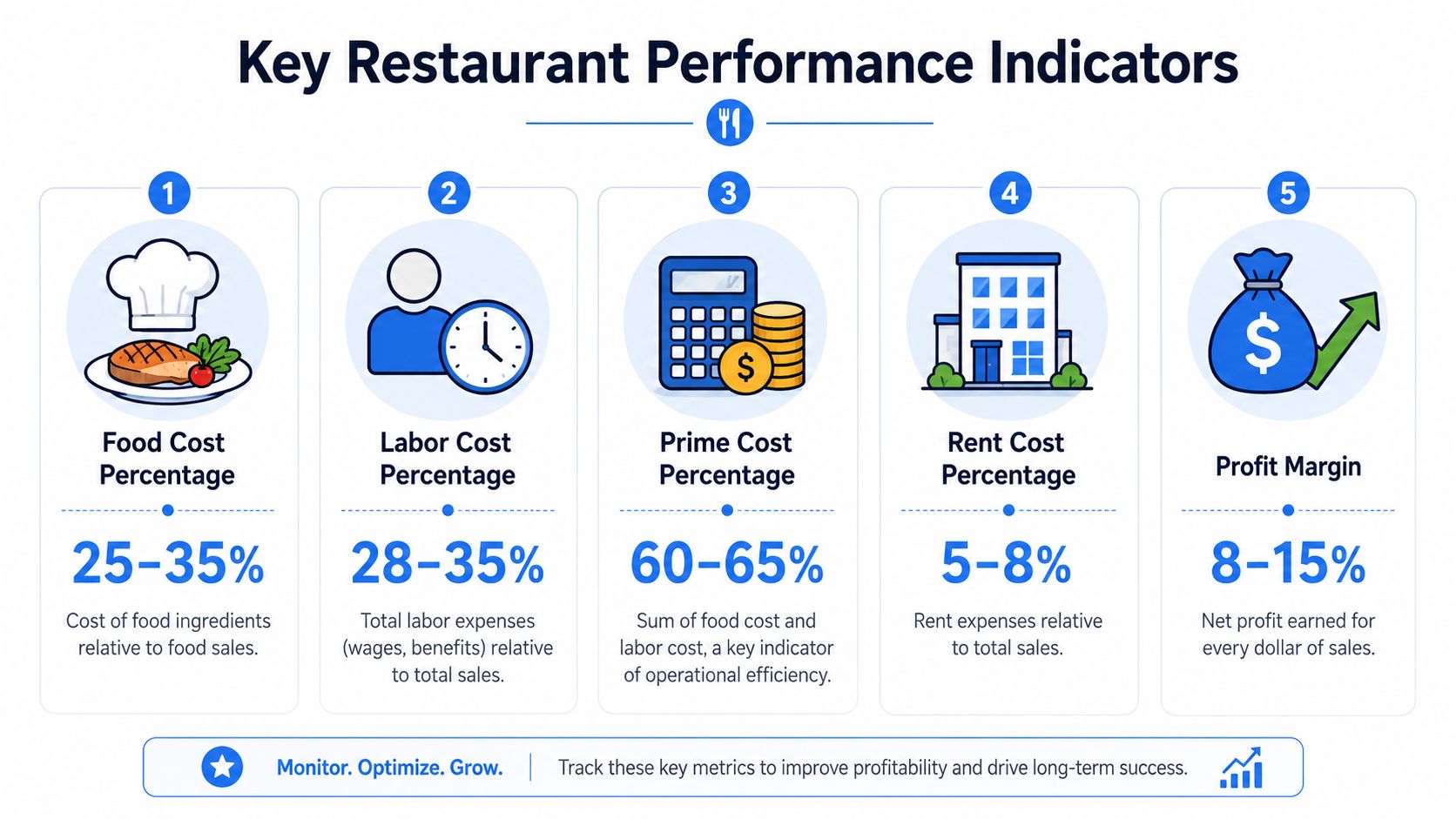 An infographic detailing five key restaurant performance indicators including food cost, labor cost, prime cost, rent, and profit.