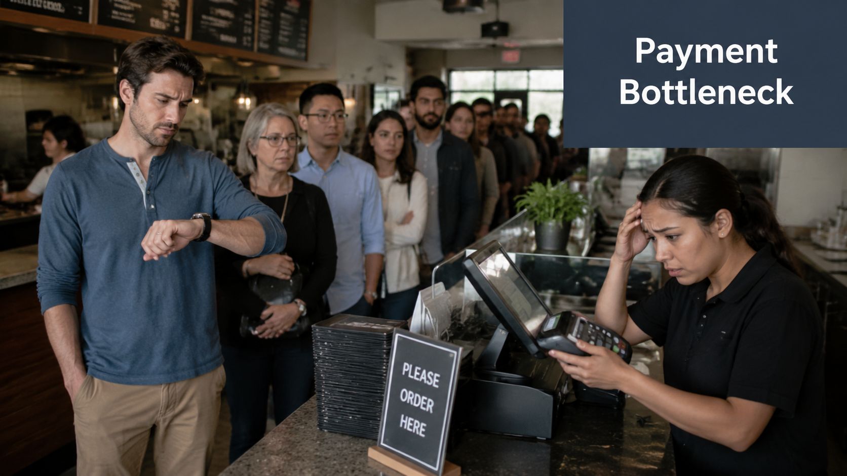 A frustrated cashier deals with a slow point of sale system while customers wait in a long line.