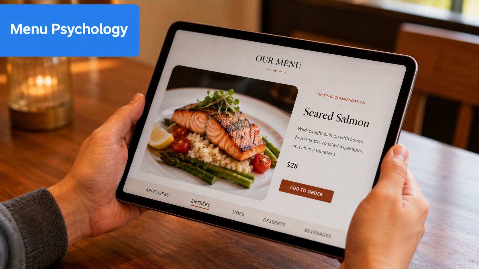 A person holding a tablet displaying a restaurant digital menu with a featured seared salmon dish.