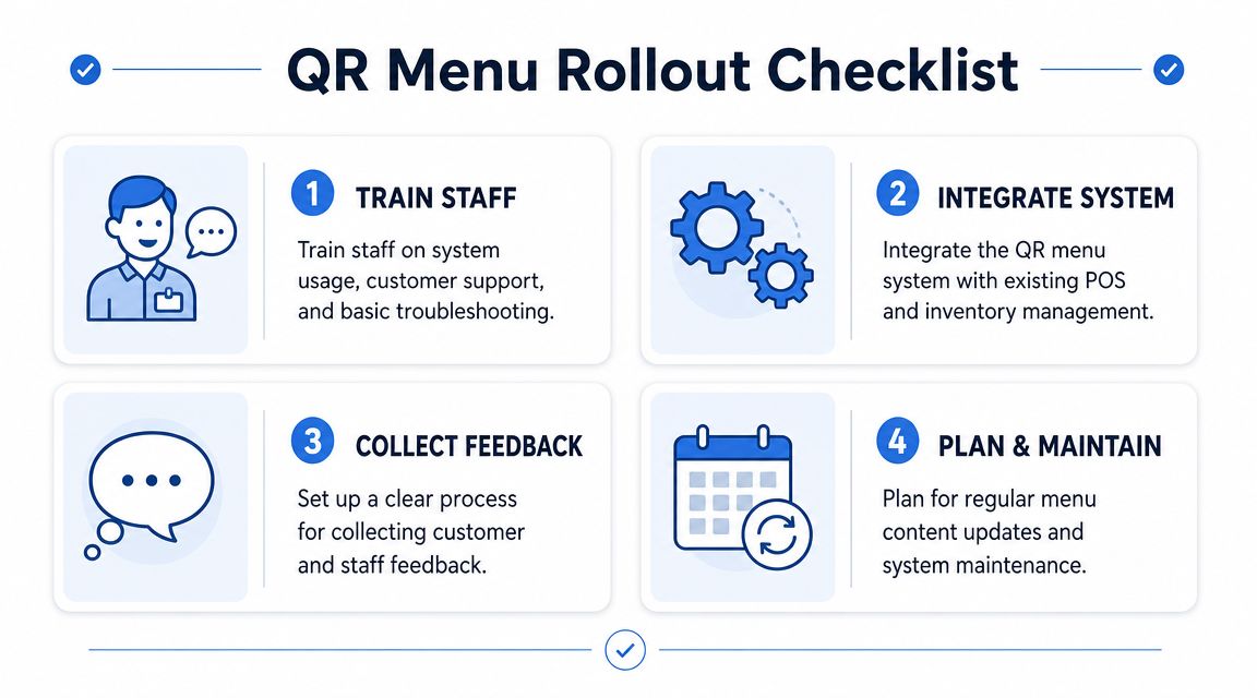 A four-step infographic illustrating a checklist for launching a QR code menu system in restaurants.