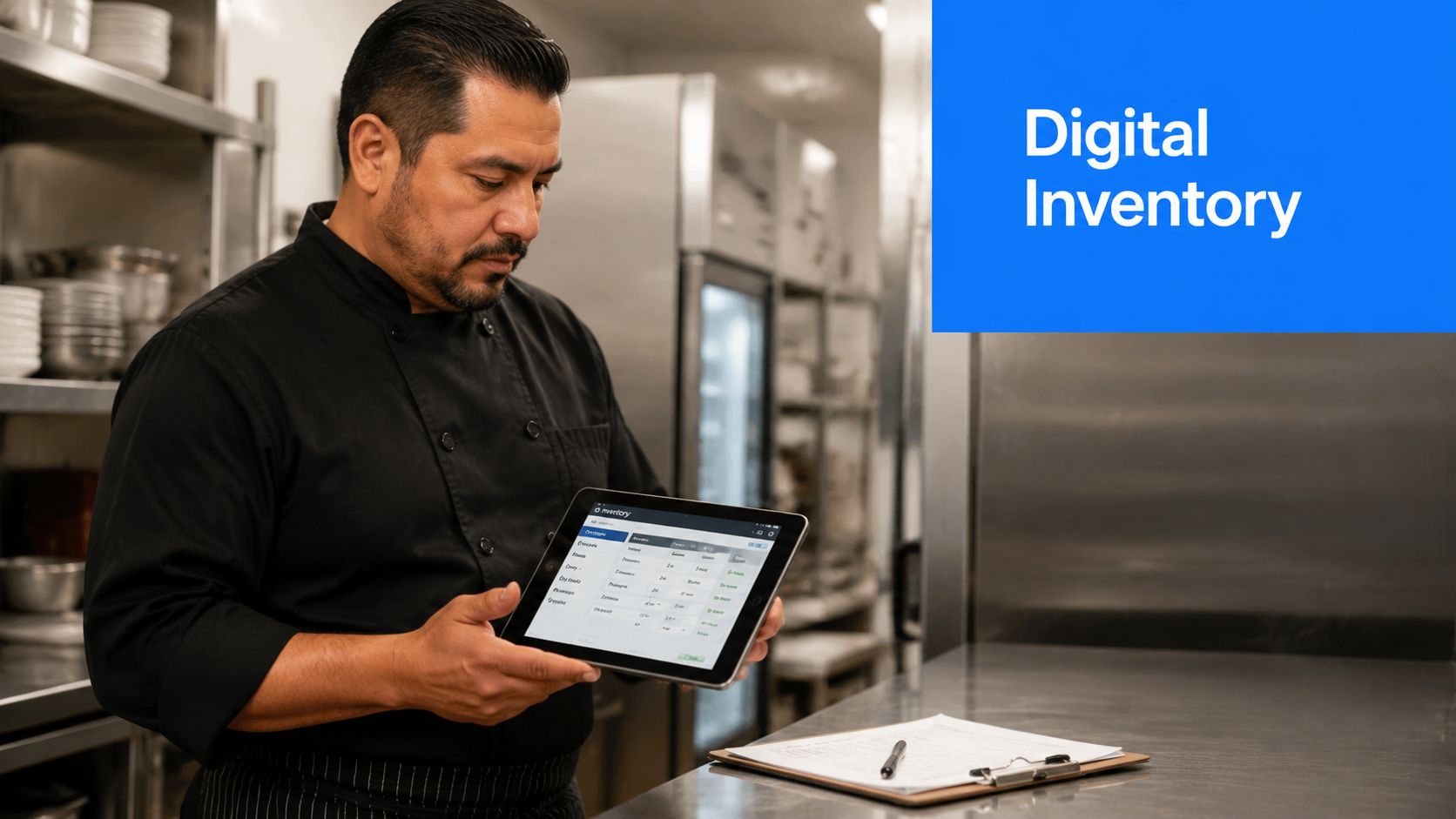 A chef holds a digital tablet displaying inventory data in a professional restaurant kitchen environment.