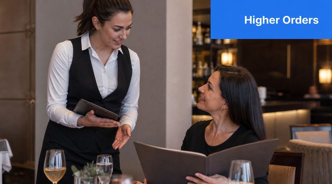 A smiling server taking a food order from a customer sitting at a table in a restaurant.