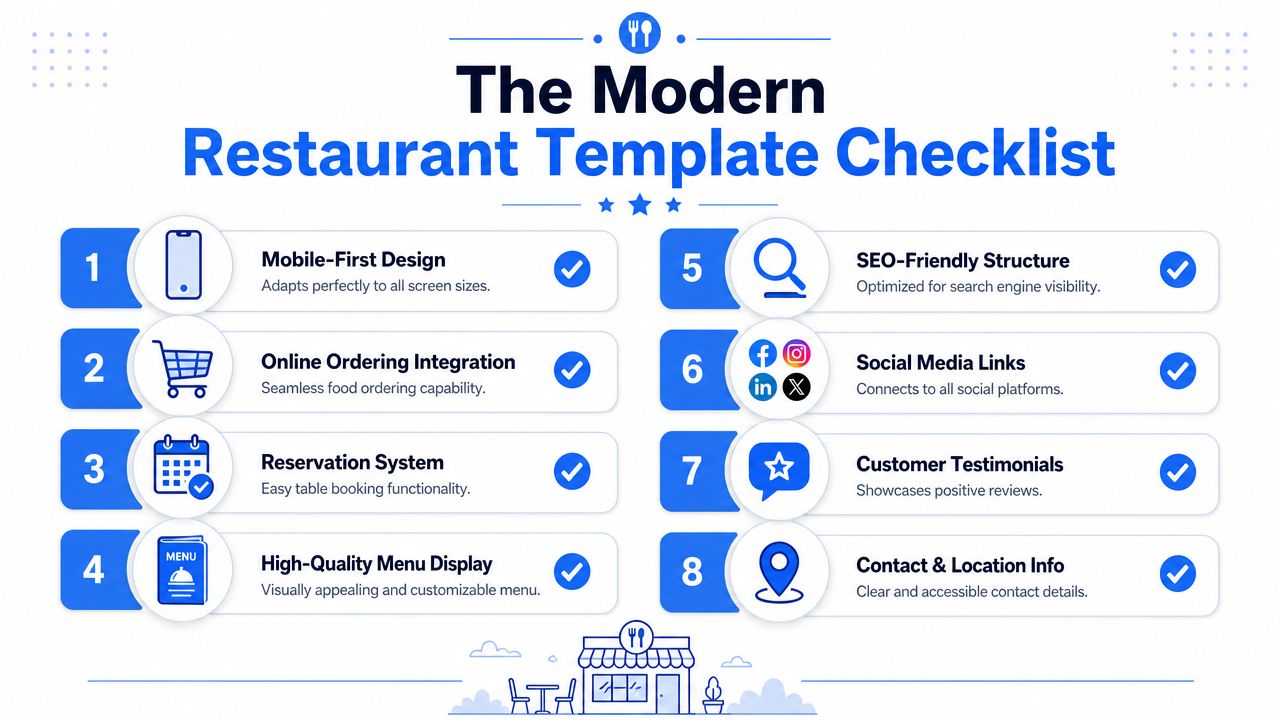 An infographic titled The Modern Restaurant Template Checklist listing eight essential features for a successful website.