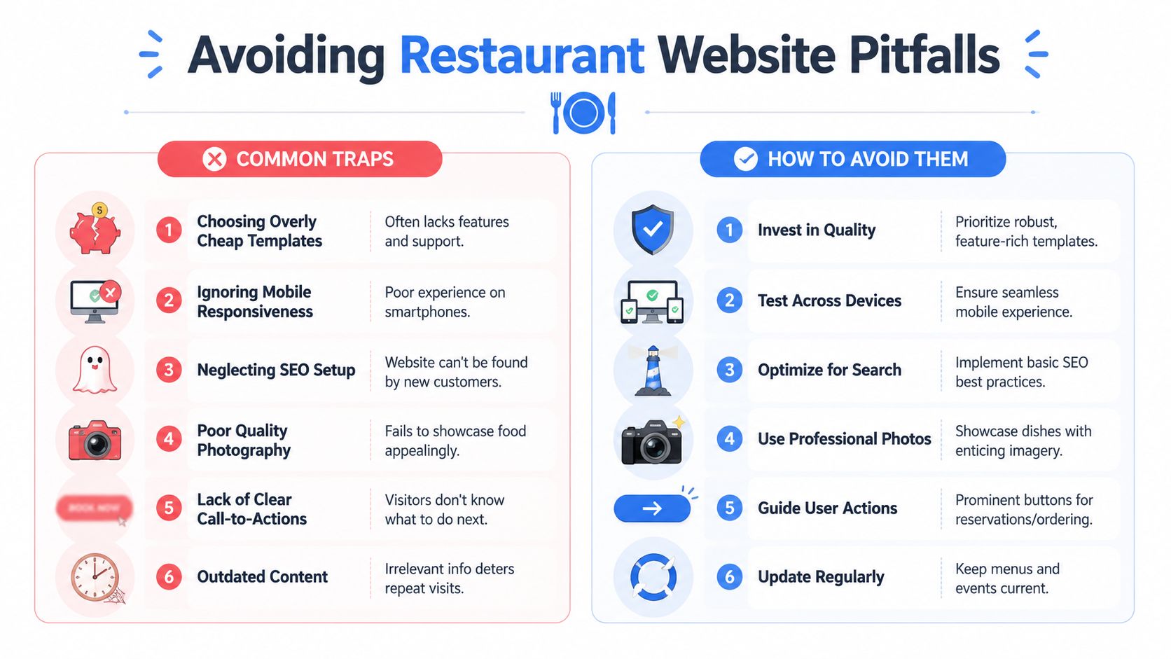 An infographic comparing common restaurant website traps versus professional best practices to improve online presence and engagement.