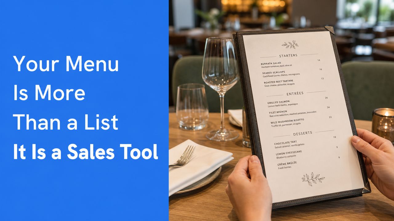 A person holds a fine dining restaurant menu card at a table with wine glasses and cutlery.