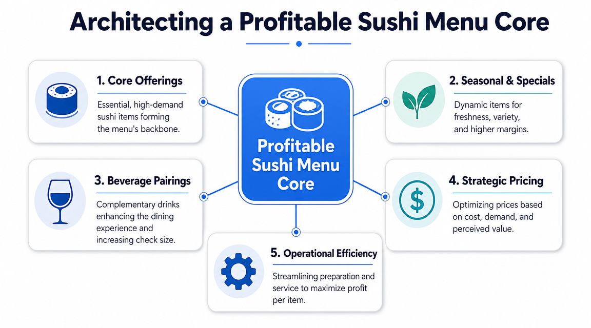 A diagram illustrating the five key elements for architecting a profitable sushi restaurant menu core.