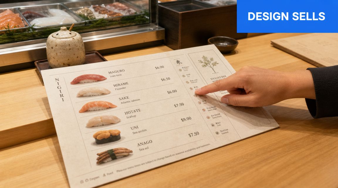 A hand points to a sushi menu at a counter, displaying various nigiri options with prices.