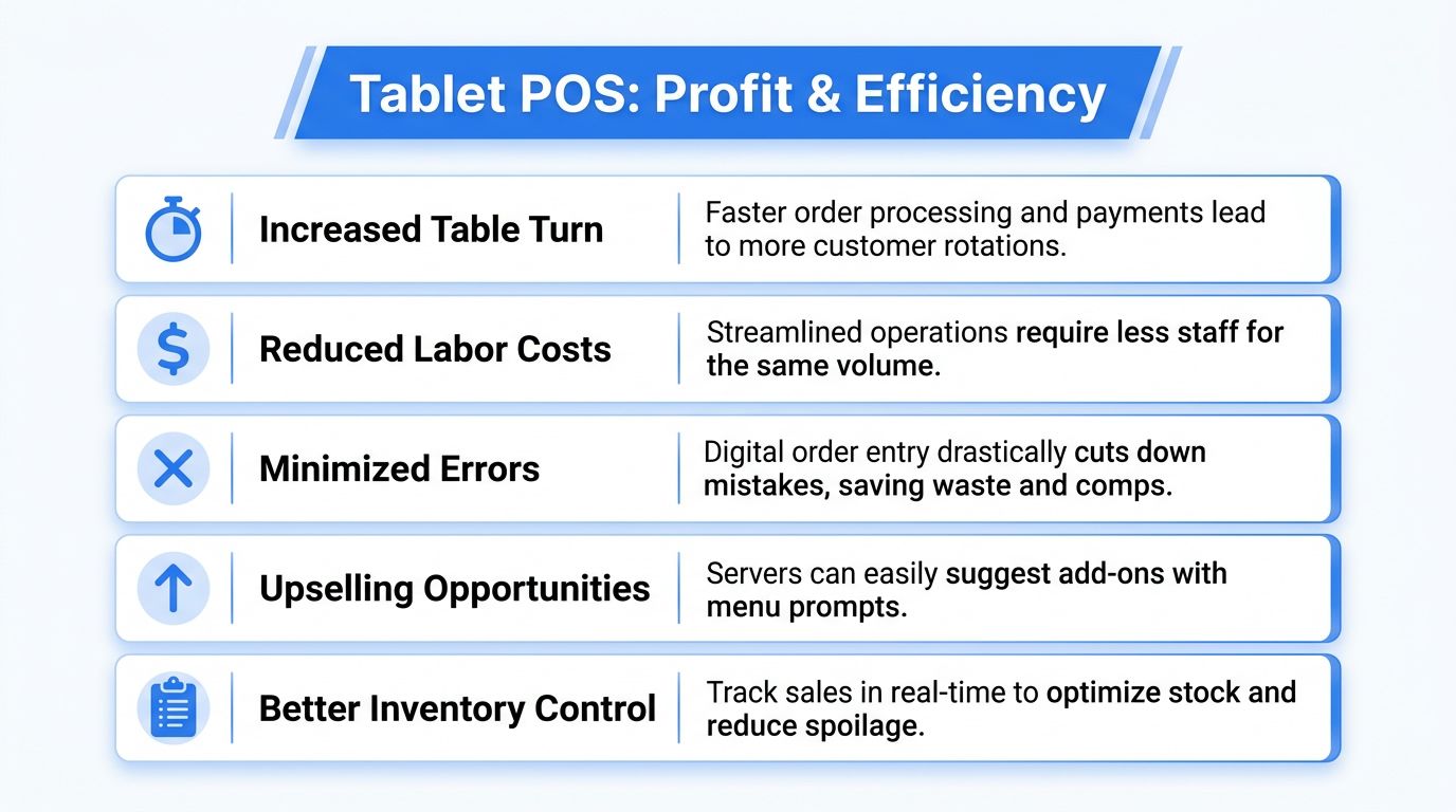 A list outlining the profit and efficiency benefits of using a tablet POS system in restaurants.