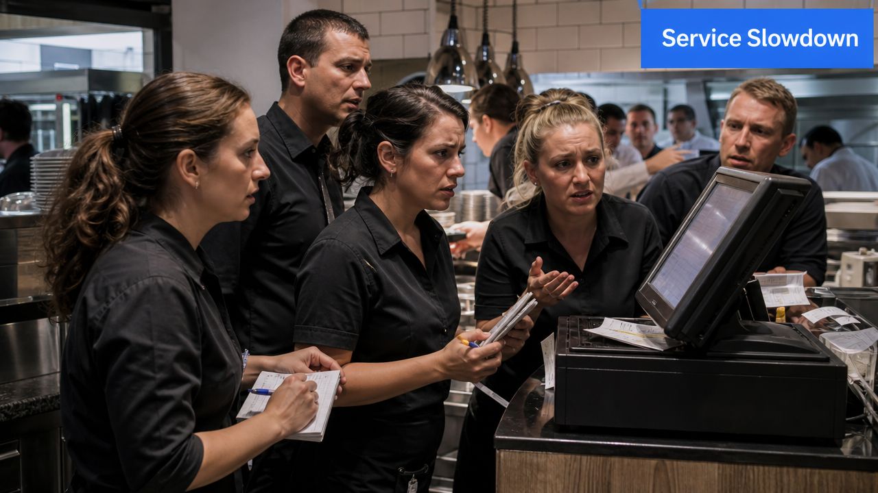 A group of stressed restaurant staff members discussing service delays while looking at a POS terminal.